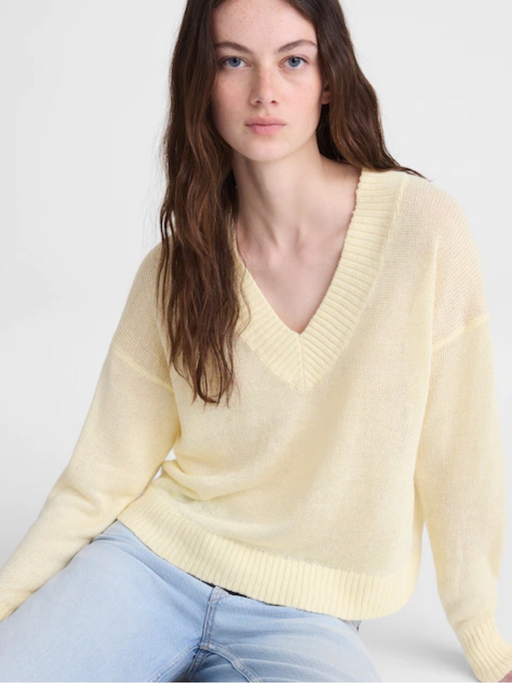 MADEWELL • Deep V-Neck Sweater in 100% Linen - sheer pineapple yellow XS